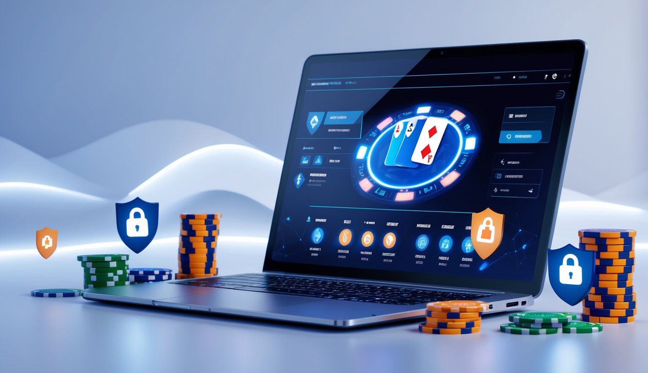 Sebuah meja dengan komputer menampilkan permainan poker online, dikelilingi oleh chip poker dan kartu, dengan ikon keamanan digital di latar belakang.