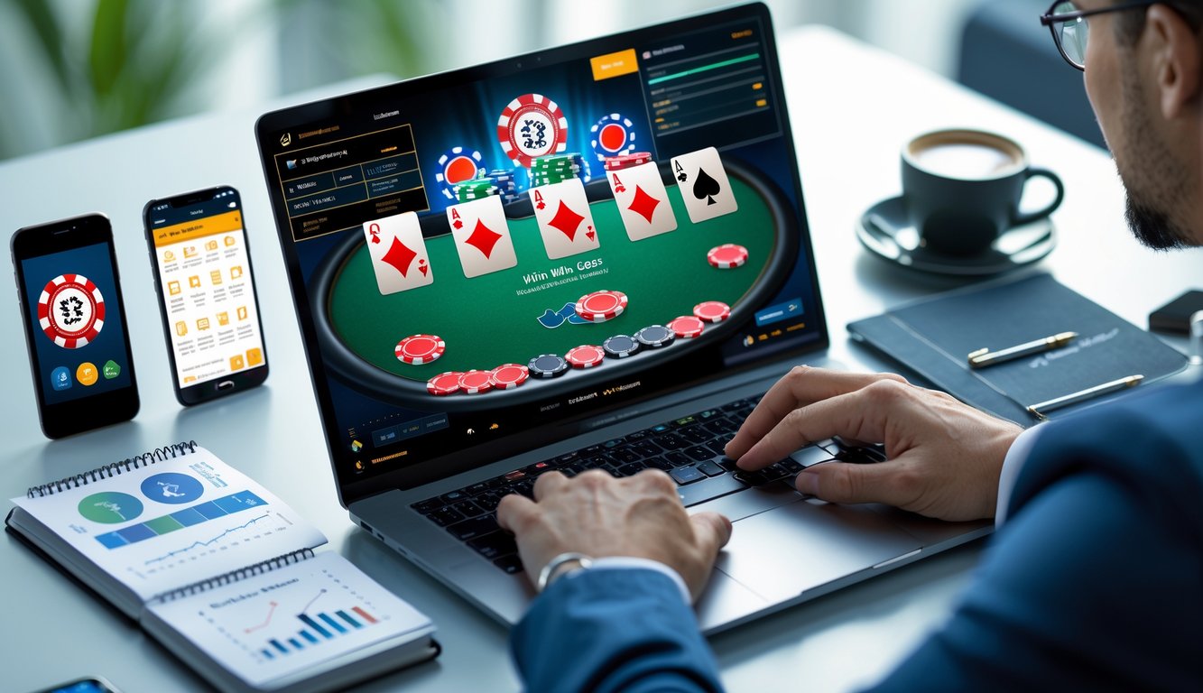 Seorang profesional sedang menggunakan laptop dengan tampilan permainan poker online dan beberapa perangkat digital di meja kerja.