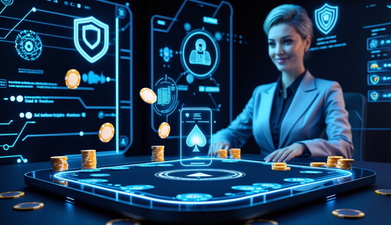 Meja poker digital futuristik dengan kartu dan chip mengambang, serta hologram asisten AI di latar belakang dengan elemen keamanan digital.