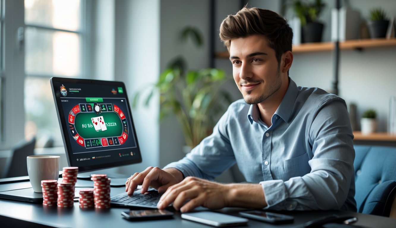 Seorang pria muda bermain poker online di laptop di ruang kerja rumah yang nyaman dengan tumpukan chip poker di meja.