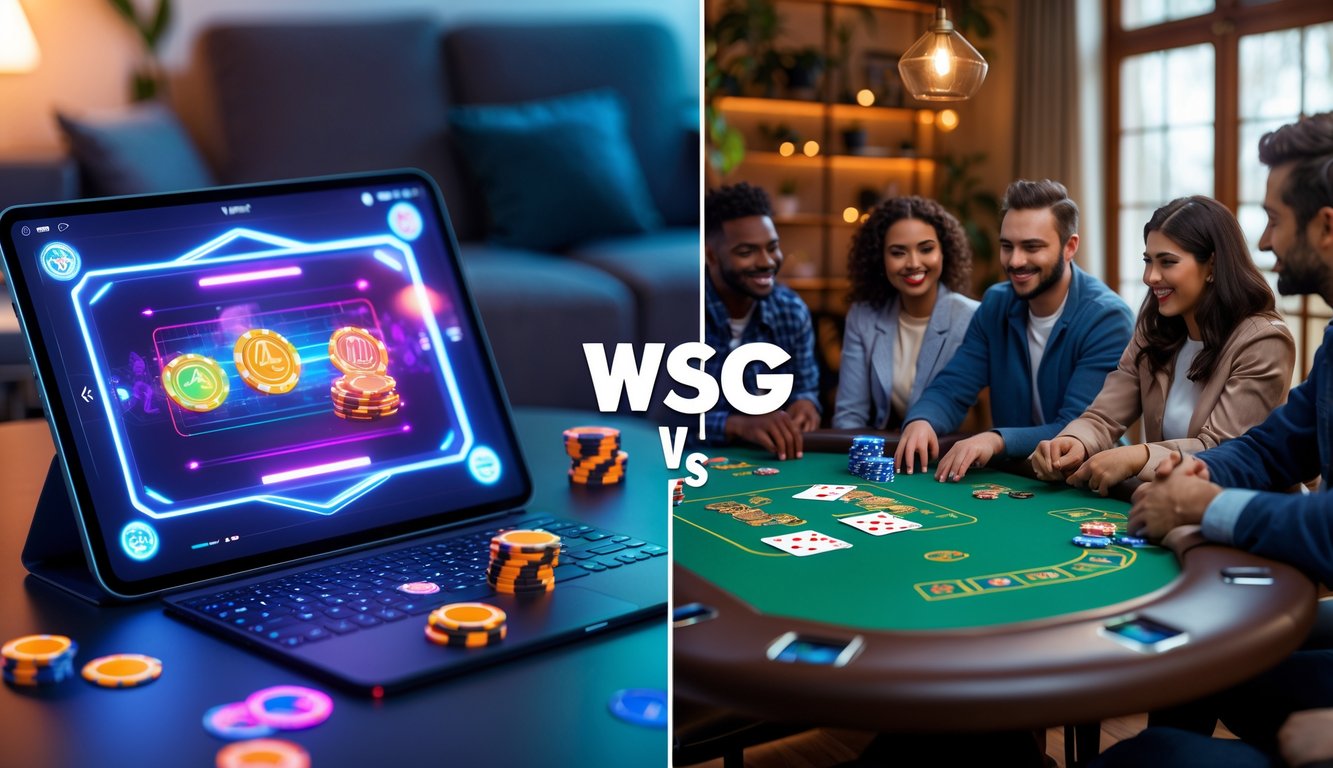 Sebuah gambar yang memperlihatkan perbandingan antara permainan poker online modern di satu sisi dan permainan poker konvensional dengan meja dan kartu fisik di sisi lain.