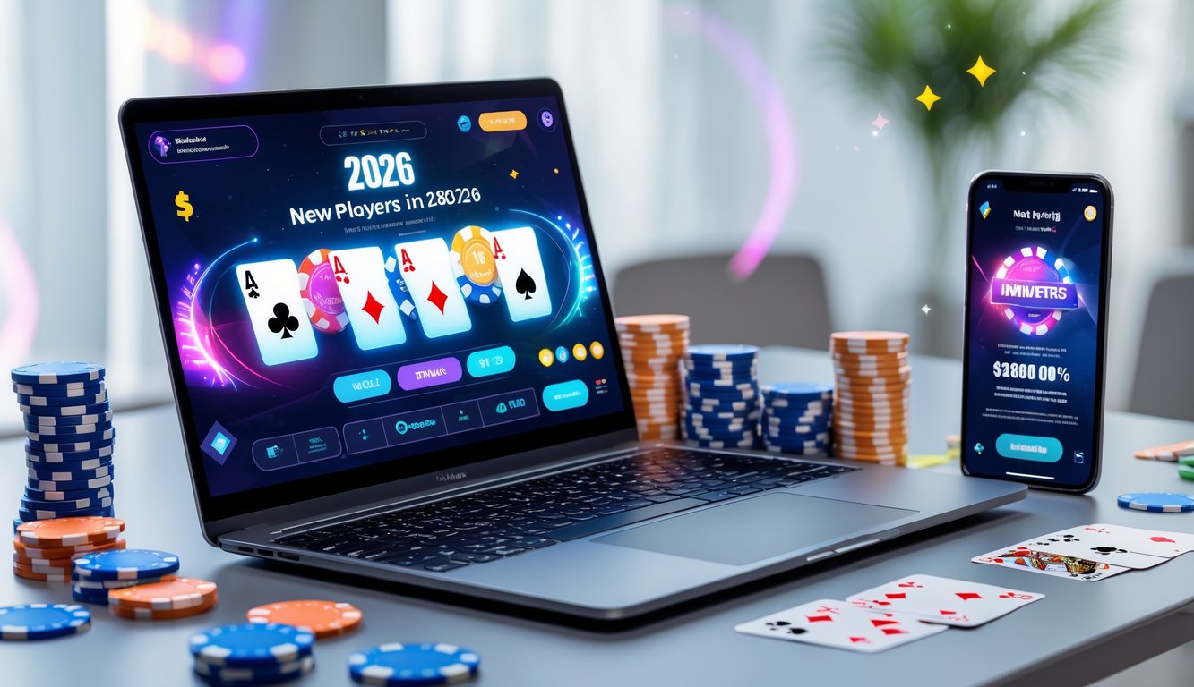 Seorang pemain poker online menggunakan laptop dengan tumpukan chip poker dan kartu di meja, menampilkan suasana permainan poker yang menarik dan modern.