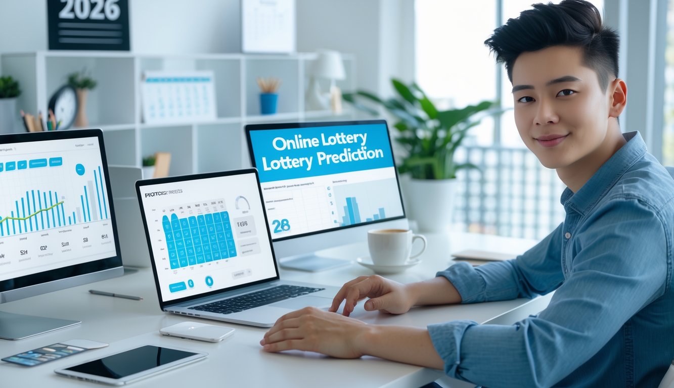 Seorang dewasa muda duduk di meja kerja dengan laptop dan tablet yang menampilkan grafik prediksi togel, di ruang kantor yang terang dan rapi.