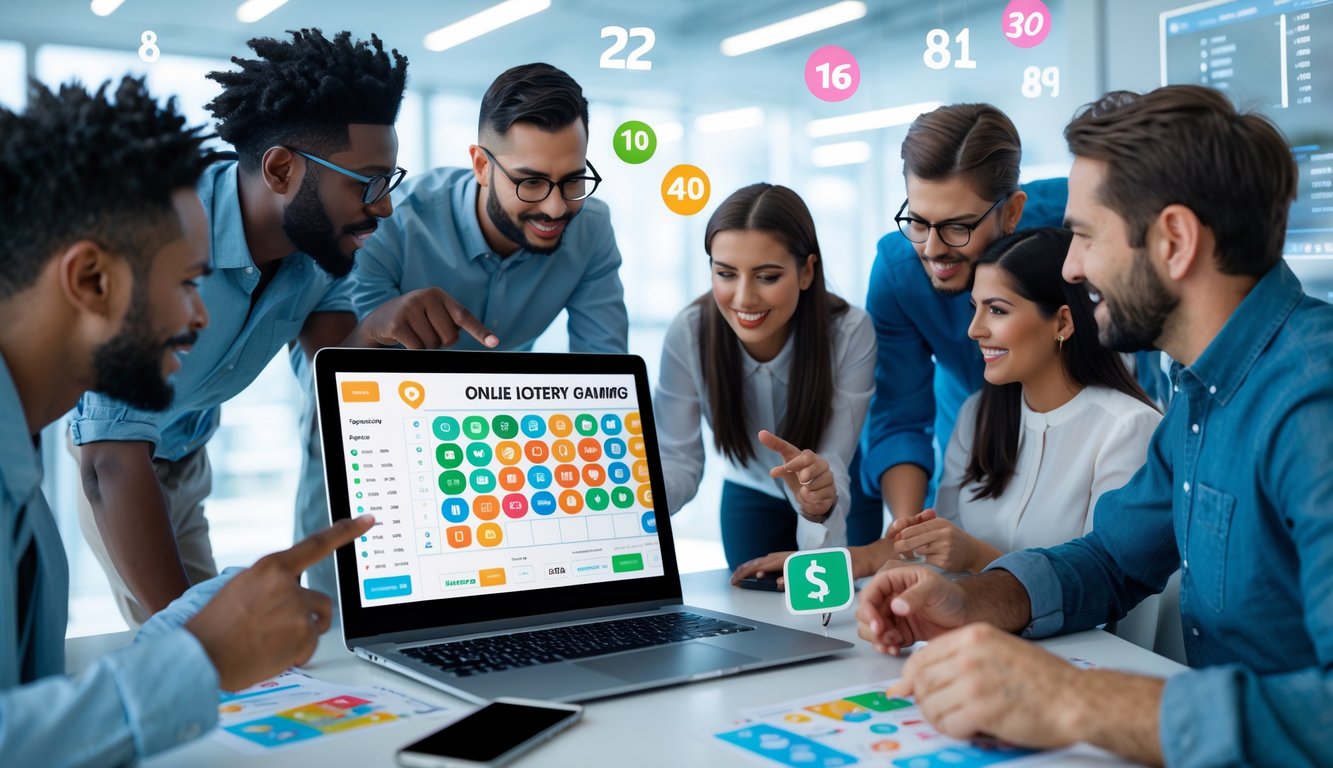 Orang-orang sedang berdiskusi dan menganalisis permainan togel online di sebuah ruang kerja modern dengan laptop dan ponsel.