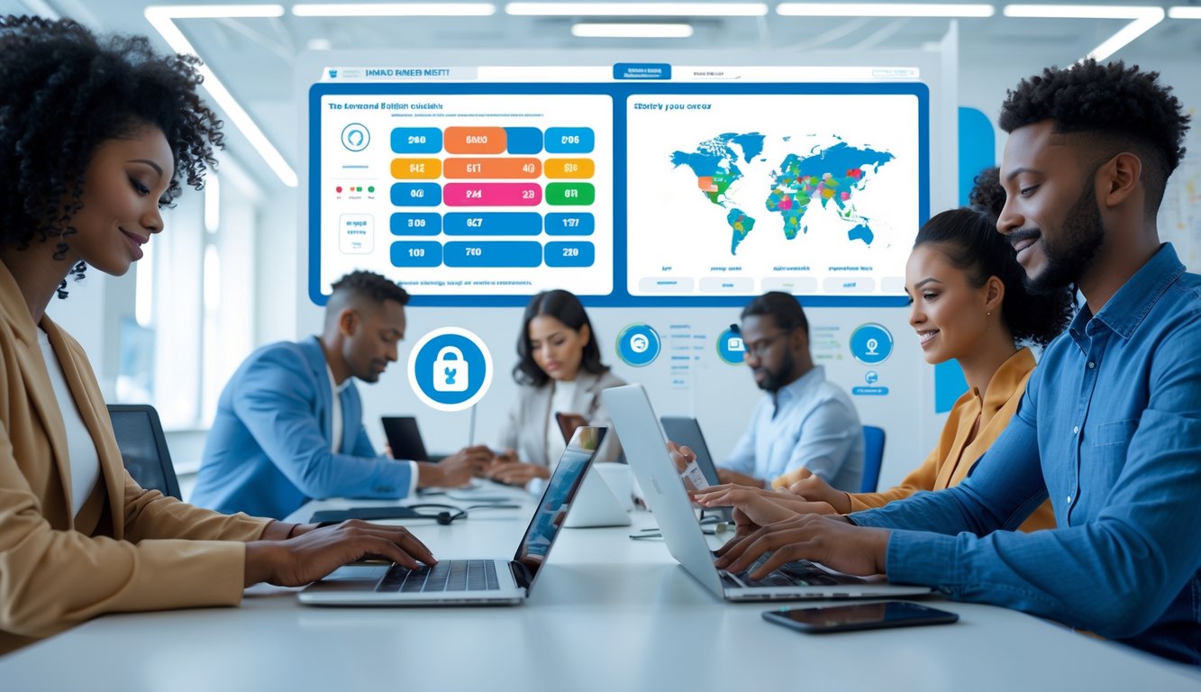 Beberapa orang menggunakan perangkat digital di kantor modern dengan layar menampilkan angka lotere dan ikon keamanan.