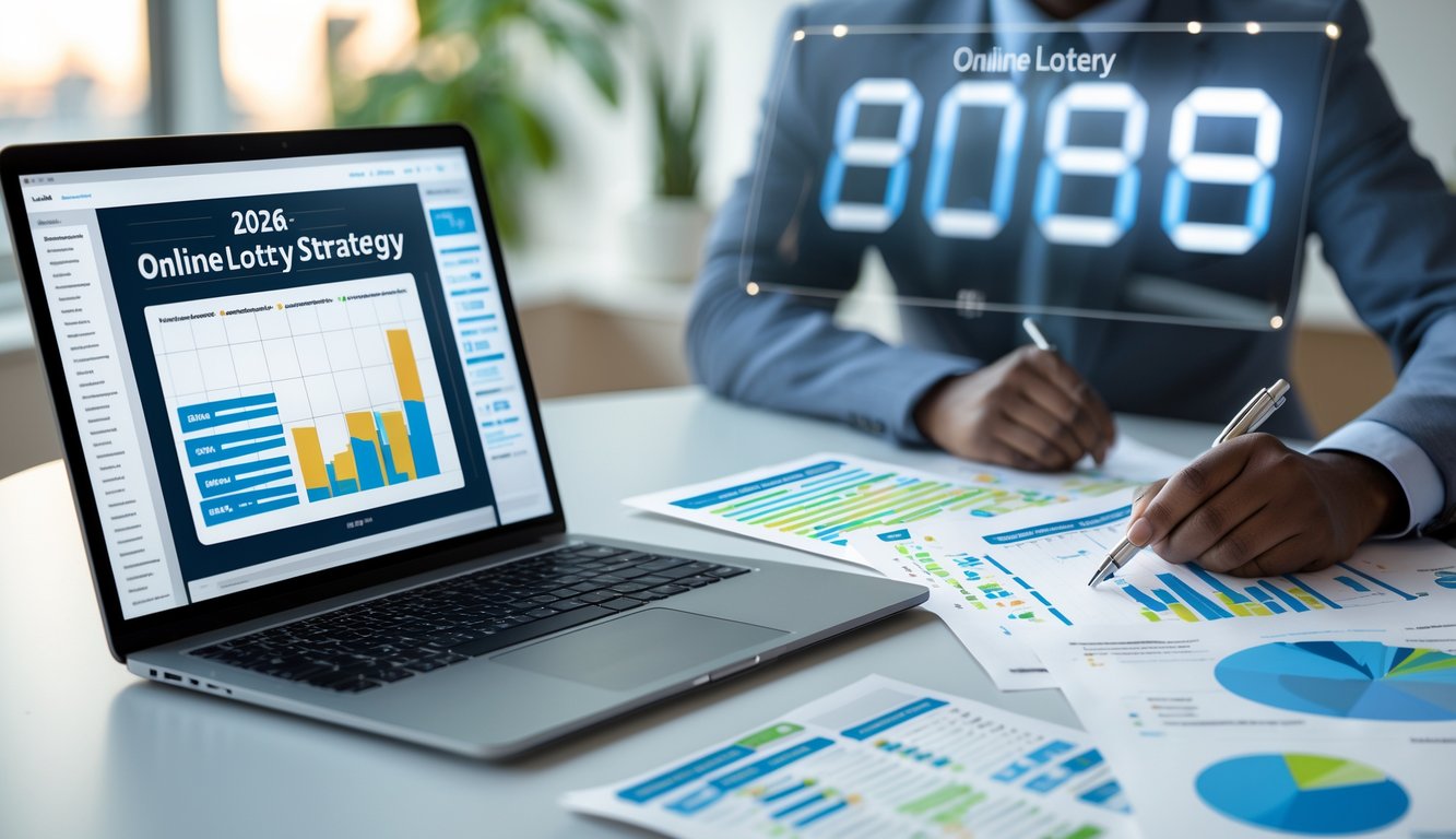 Seseorang sedang menganalisis data dan statistik di depan laptop dan dokumen di meja kerja.