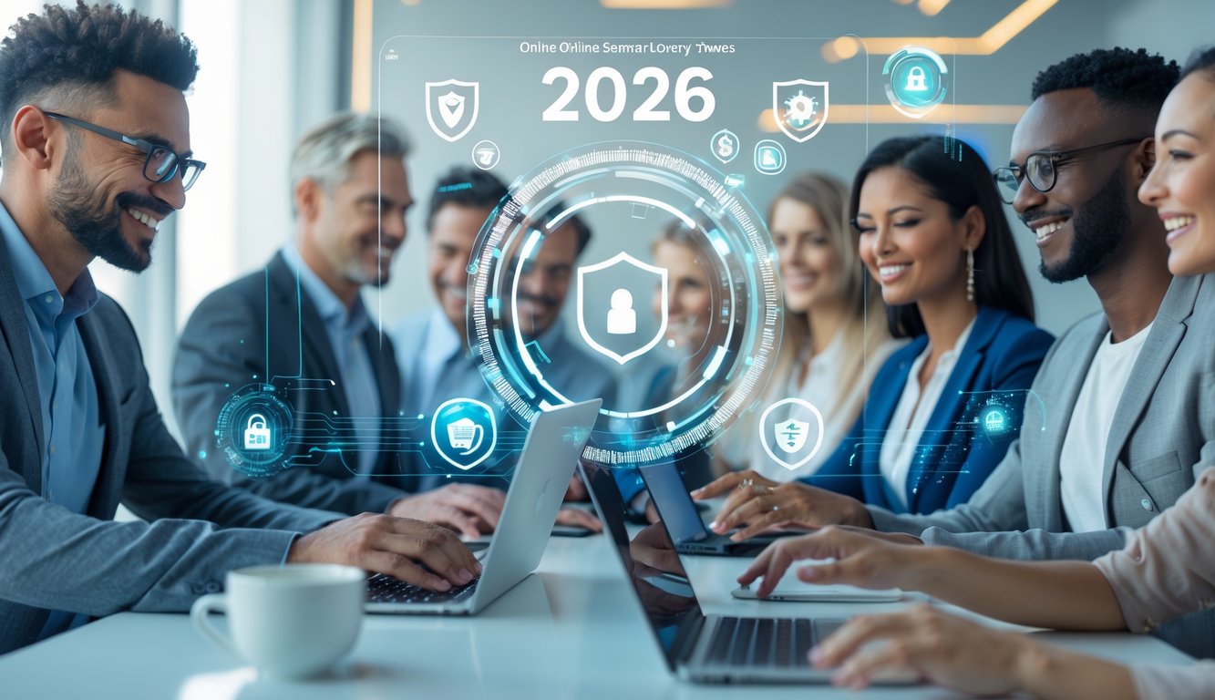 Orang-orang menggunakan perangkat digital di kantor modern dengan layar futuristik menampilkan ikon keamanan dan data abstrak.