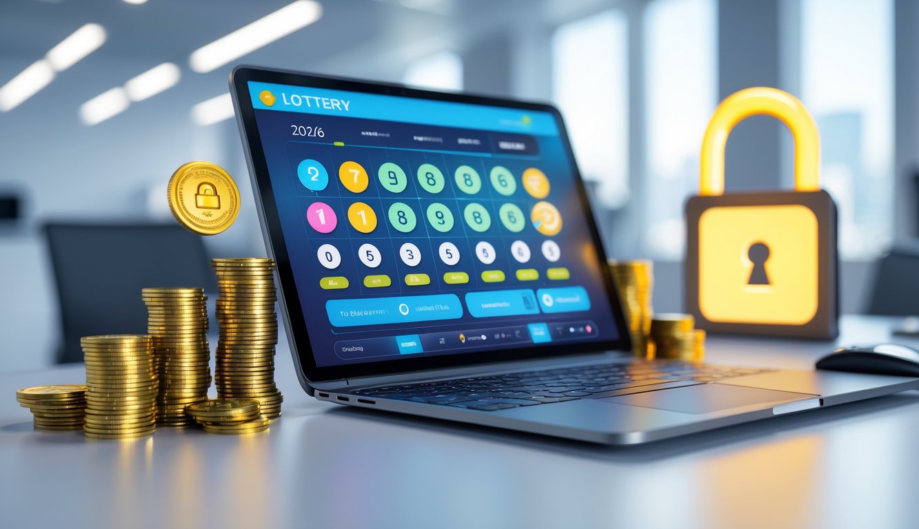 Sebuah laptop modern di meja dengan tampilan antarmuka lotere online dan simbol keberhasilan seperti tiket emas dan tumpukan koin.
