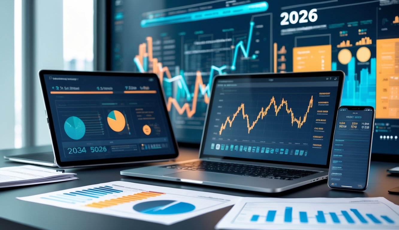 Sebuah ruang kerja modern dengan perangkat digital dan layar yang menampilkan data dan grafik statistik untuk prediksi tahun 2026.