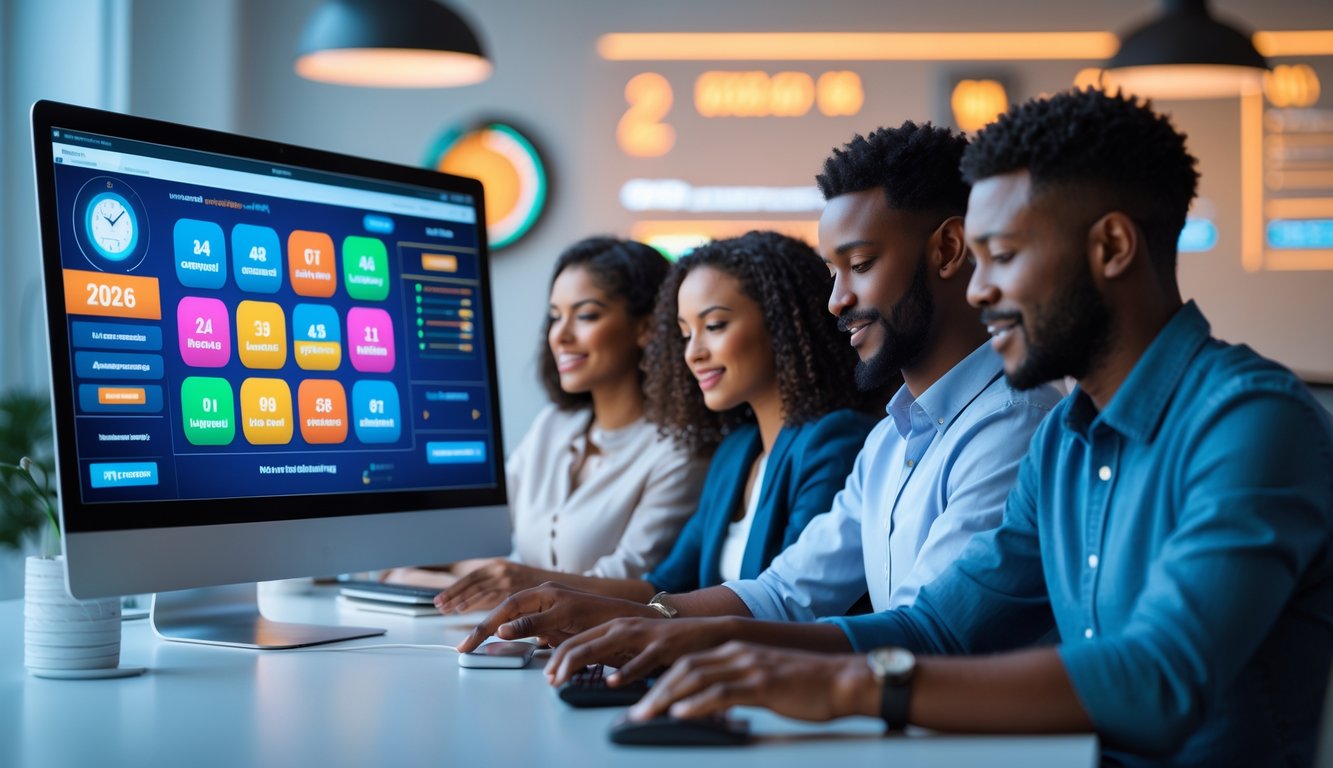 Orang-orang sedang menggunakan layanan togel online dengan komputer di ruang kerja yang terang dan modern, menunjukkan pelayanan 24 jam nonstop tanpa robot.