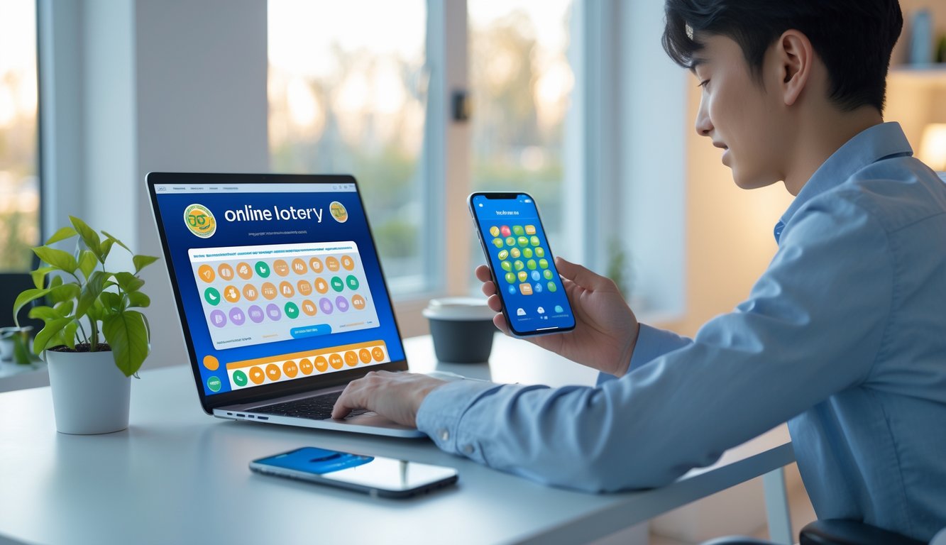Seseorang duduk di meja dengan laptop dan ponsel yang menampilkan aplikasi togel online, di dalam ruangan berlampu alami.