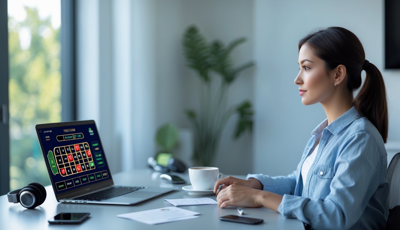 Seorang wanita muda duduk di meja dengan laptop yang menampilkan permainan roulette online, terlihat fokus dan tenang di ruangan yang terang dan rapi.