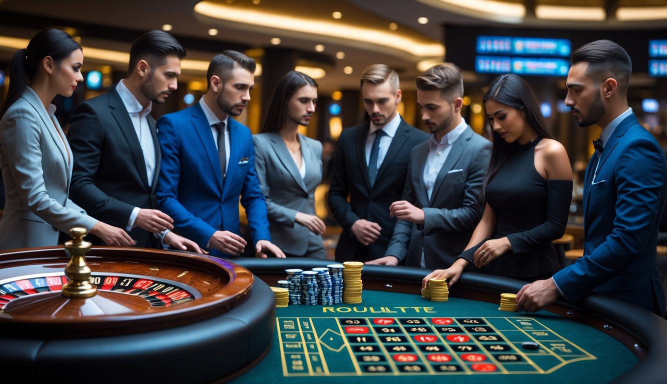 Beberapa pemain profesional sedang berkumpul di sekitar meja roulette di dalam kasino mewah, memperhatikan roda roulette yang sedang berputar.