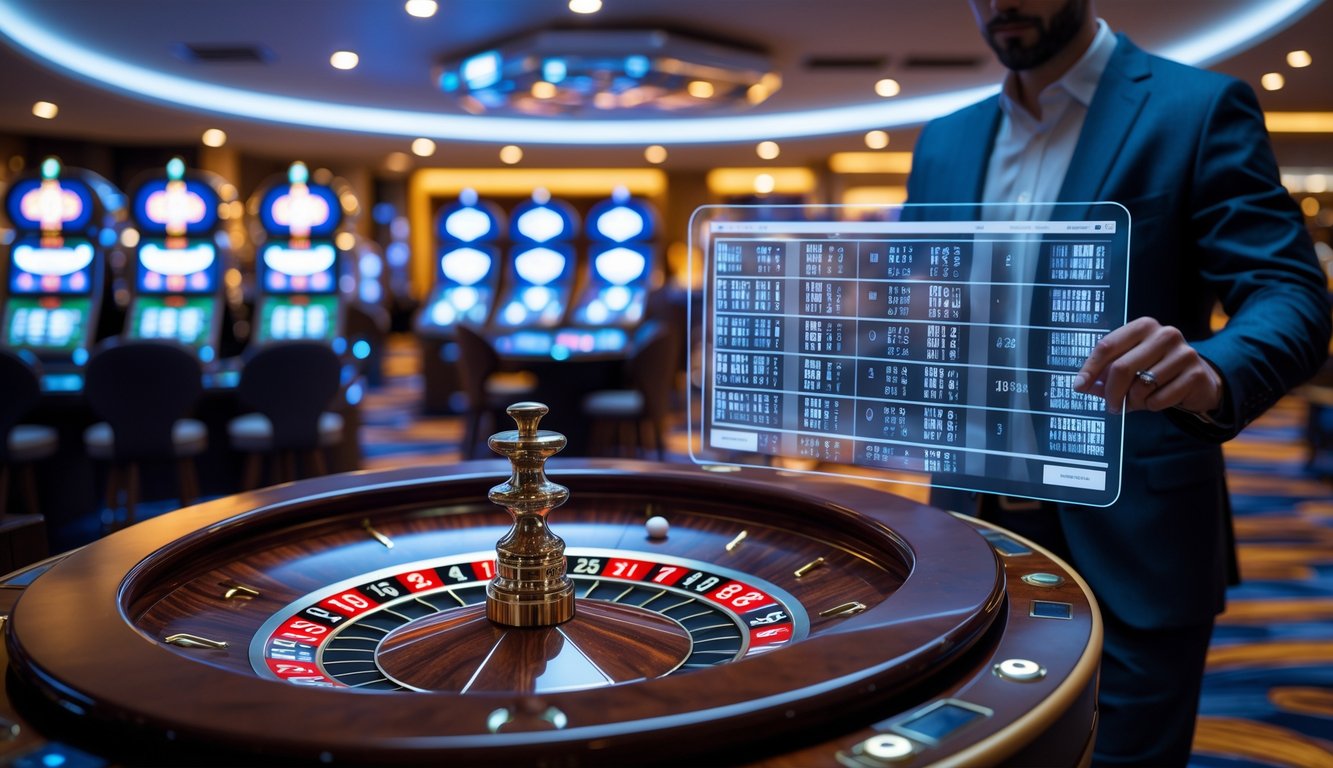 Seorang pria atau wanita sedang menganalisis pola angka di layar digital dekat roda roulette Eropa di dalam kasino modern.