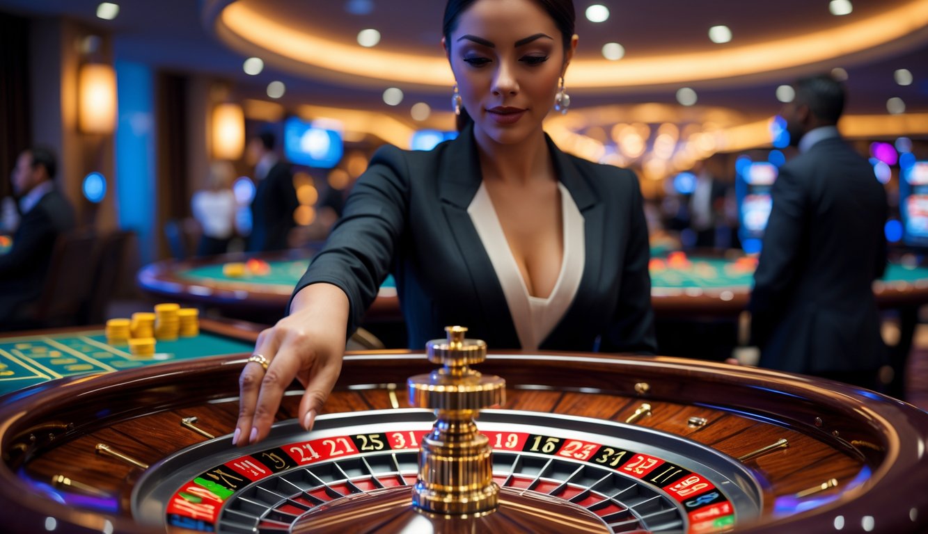 Seorang dealer wanita sedang memutar roda roulette di meja kasino dengan pemain yang mengamati di latar belakang.