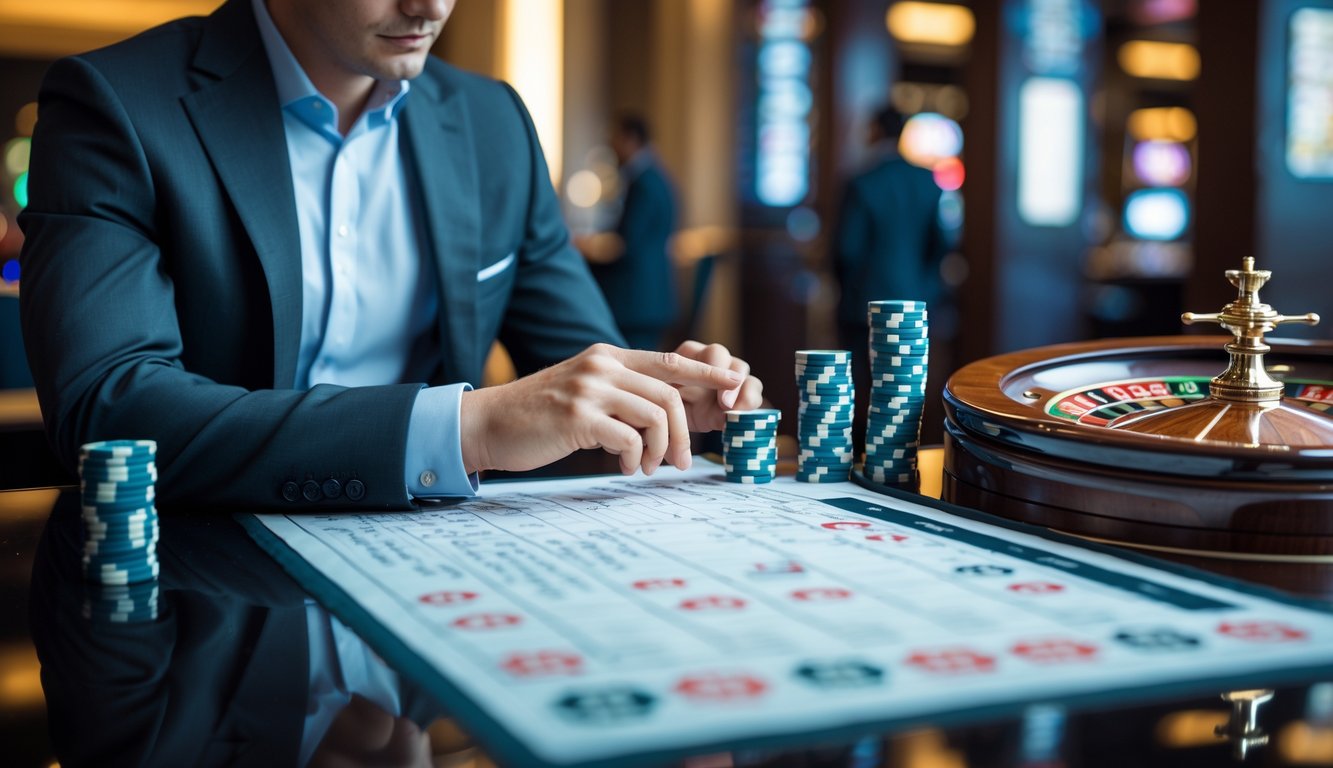 Seorang pria berpakaian rapi sedang menganalisis grafik keuangan di meja dengan roda roulette dan tumpukan chip di kasino.
