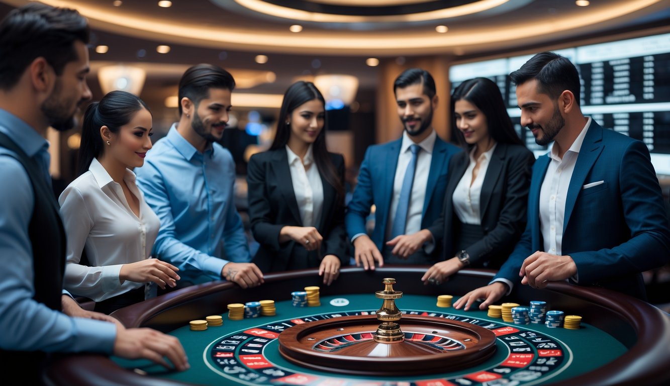 Meja roulette di kasino modern dengan beberapa orang bermain dan suasana yang profesional dan fokus.