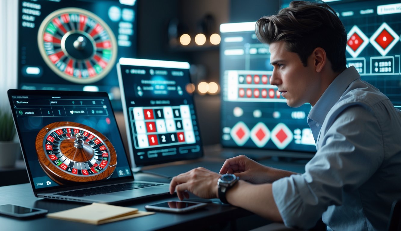 Seorang pemain roulette online sedang duduk di depan laptop dengan beberapa layar digital di sekitarnya, fokus dan berhati-hati dalam bermain.