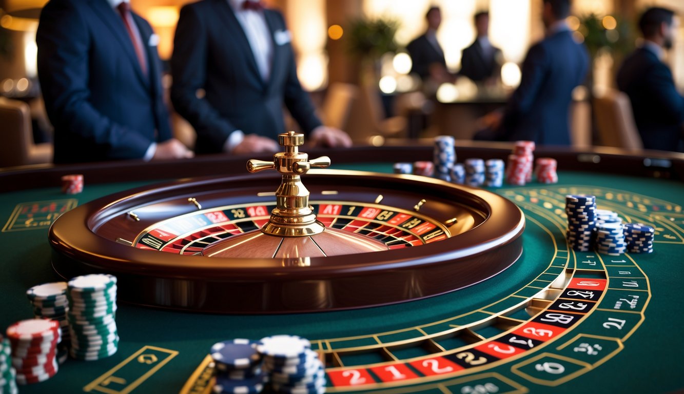 Meja roulette mewah dengan roda roulette berputar dan tumpukan chip warna-warni di kasino yang elegan.