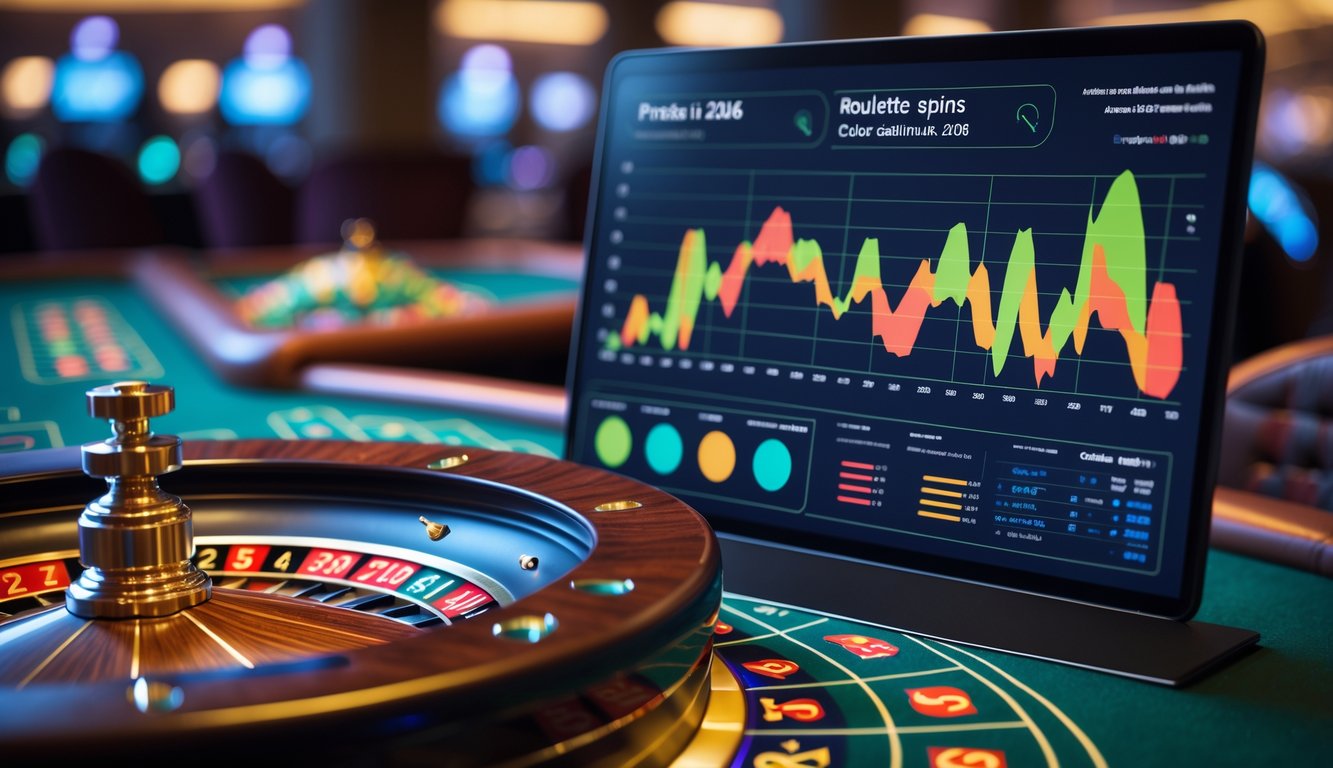 Meja roulette dengan roda berwarna merah, hitam, dan hijau serta layar digital yang menampilkan grafik analisis pola warna permainan roulette.