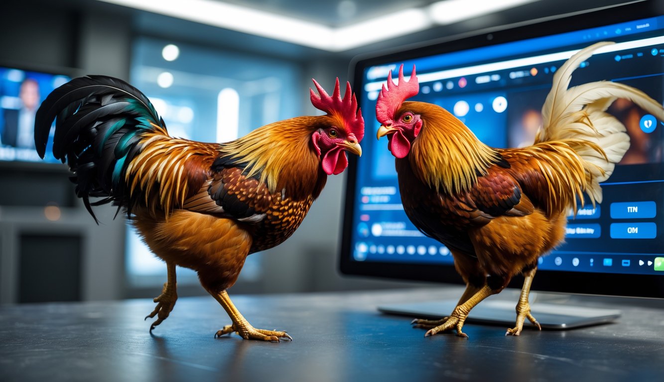 Dua ayam jantan sedang bertarung dengan latar belakang layar perangkat digital yang menampilkan siaran langsung tanpa jeda.
