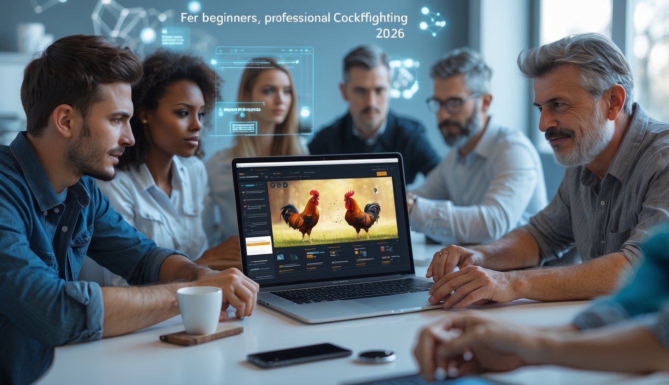 Beberapa orang menggunakan laptop untuk bermain sabung ayam online dengan tampilan layar yang menampilkan grafik ayam bertarung.