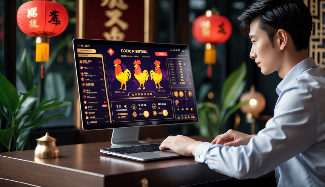 Seorang pengguna muda sedang menggunakan laptop dengan tampilan layar yang menampilkan ikon ayam jago dan grafik taruhan dalam suasana yang modern dan terang dengan elemen budaya Asia di latar belakang.
