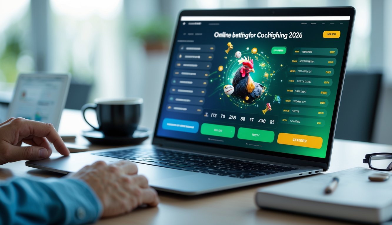 Seorang pengguna sedang melihat platform taruhan online sabung ayam di layar perangkat di ruang kerja yang rapi.