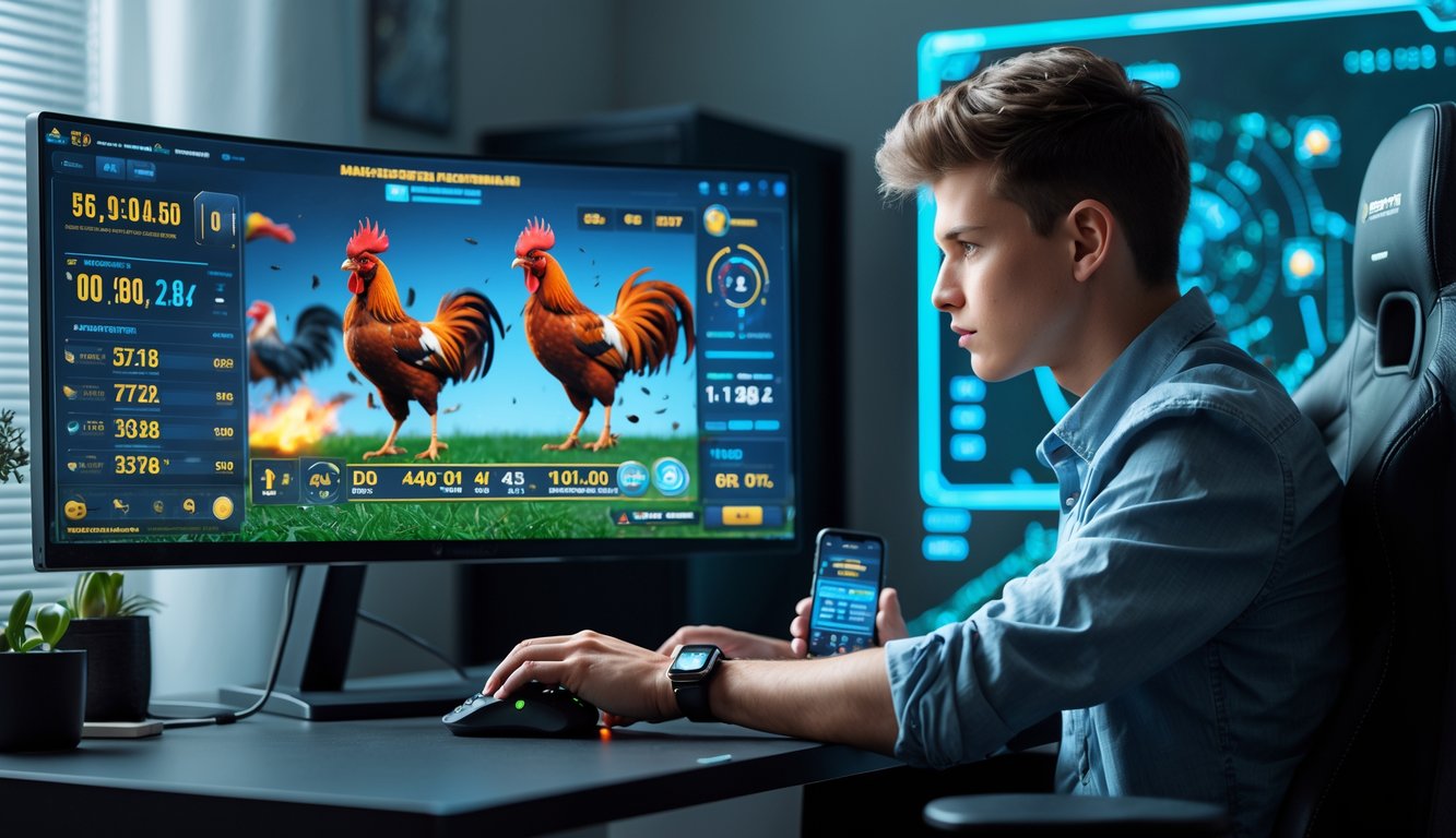 Seorang pria muda sedang bermain game sabung ayam online di depan komputer dengan tampilan digital ayam aduan dan data taruhan.