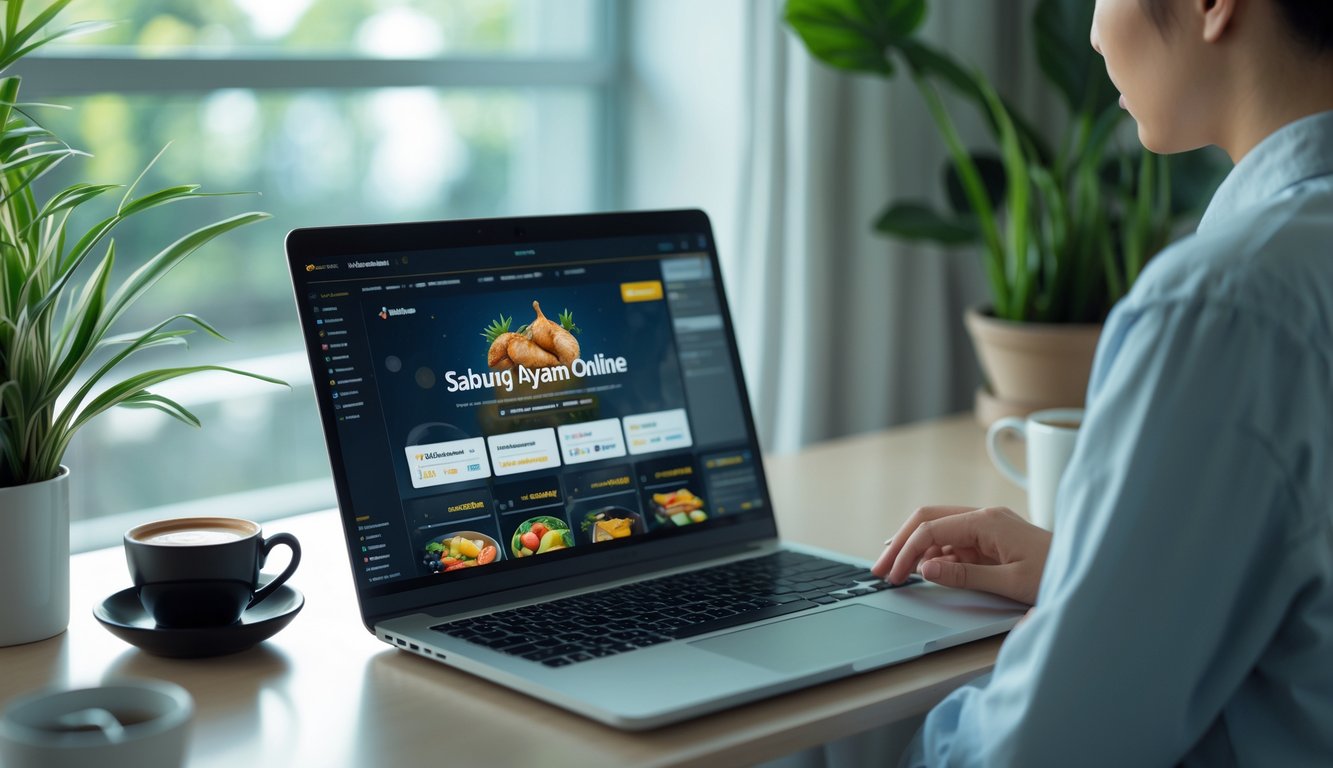 Seseorang menggunakan laptop di meja kerja dengan pencahayaan alami, fokus pada layar komputer dalam ruangan yang rapi dan nyaman.