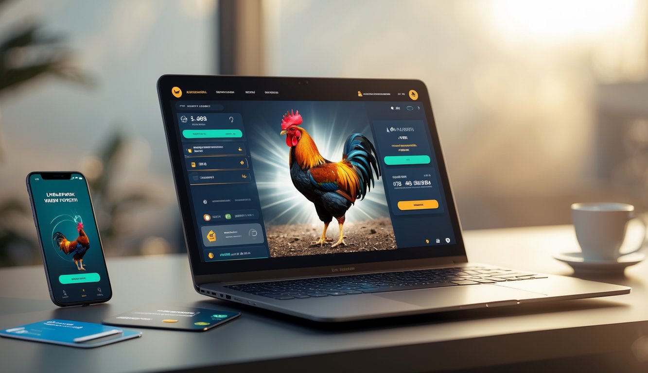Meja kerja modern dengan laptop dan smartphone yang menampilkan antarmuka permainan online bertema ayam sabung, dengan elemen transaksi digital di sekitarnya.