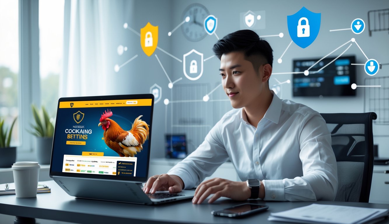 Seorang pria muda duduk di meja dengan laptop yang menampilkan situs taruhan sabung ayam online yang aman, dengan simbol keamanan digital di latar belakang.