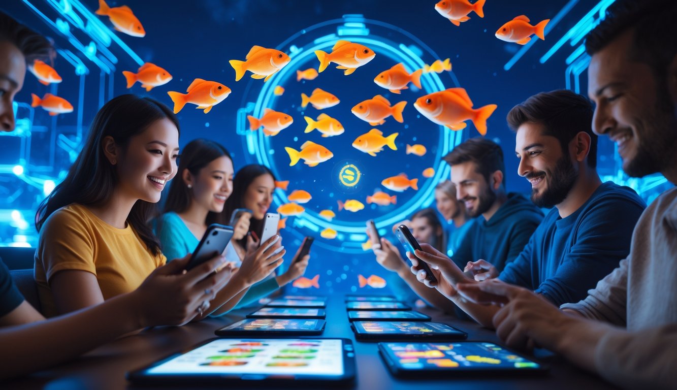 Beberapa orang bermain game tembak ikan online menggunakan perangkat digital di ruangan yang terang dan modern.