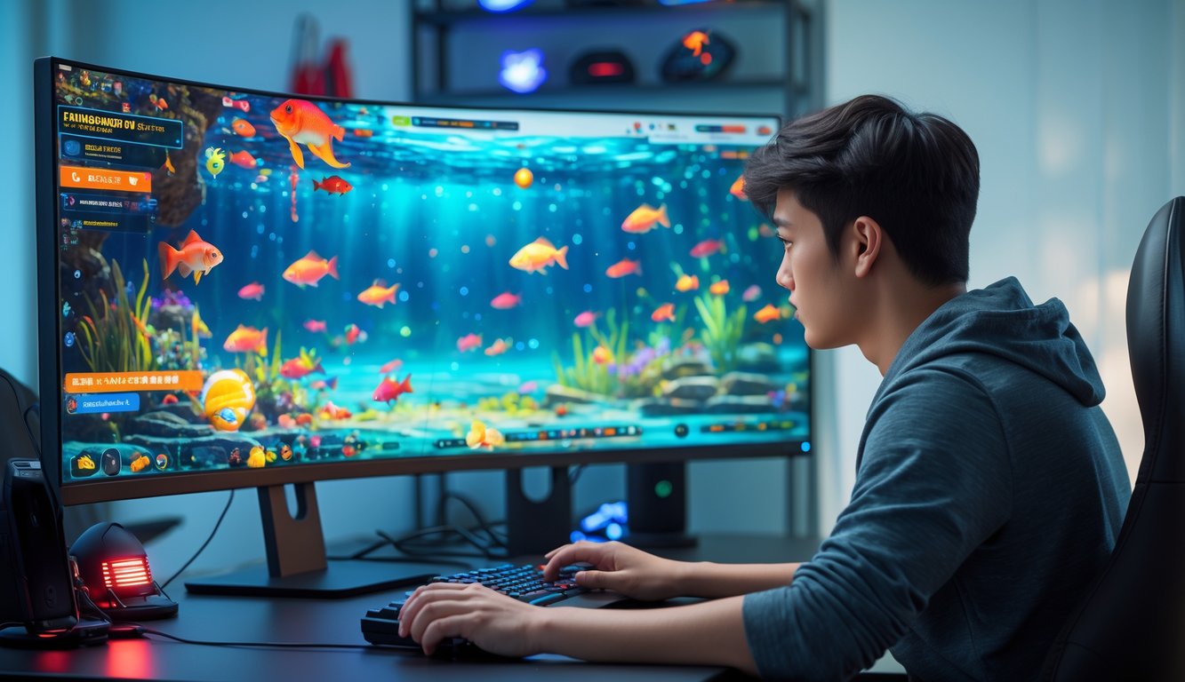 Seorang dewasa muda sedang bermain permainan tembak ikan online di komputer dengan layar menampilkan adegan bawah laut berwarna-warni.