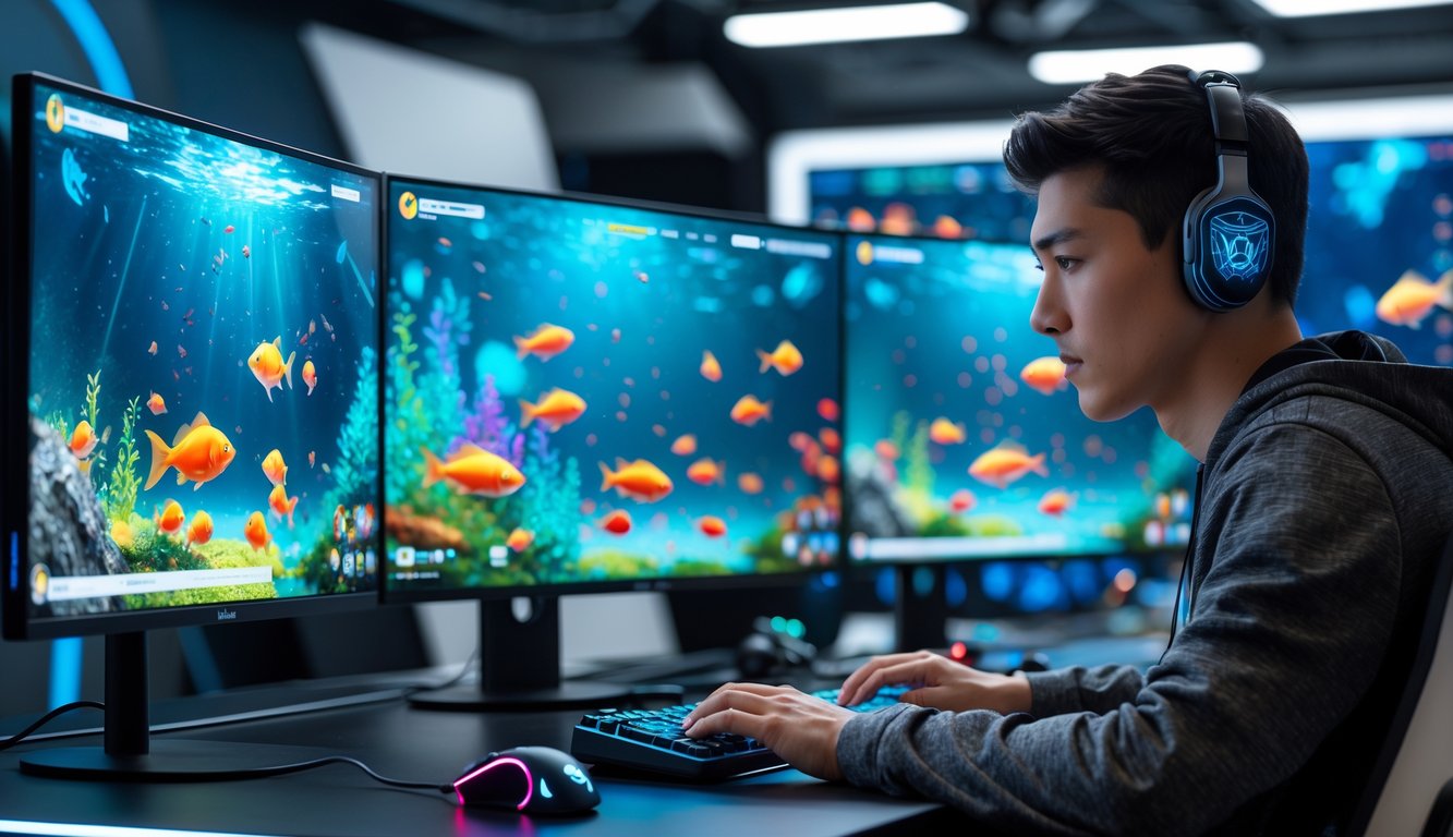 Seorang pemain muda sedang bermain game tembak ikan online di depan beberapa layar komputer dengan latar bawah laut penuh ikan berwarna-warni.