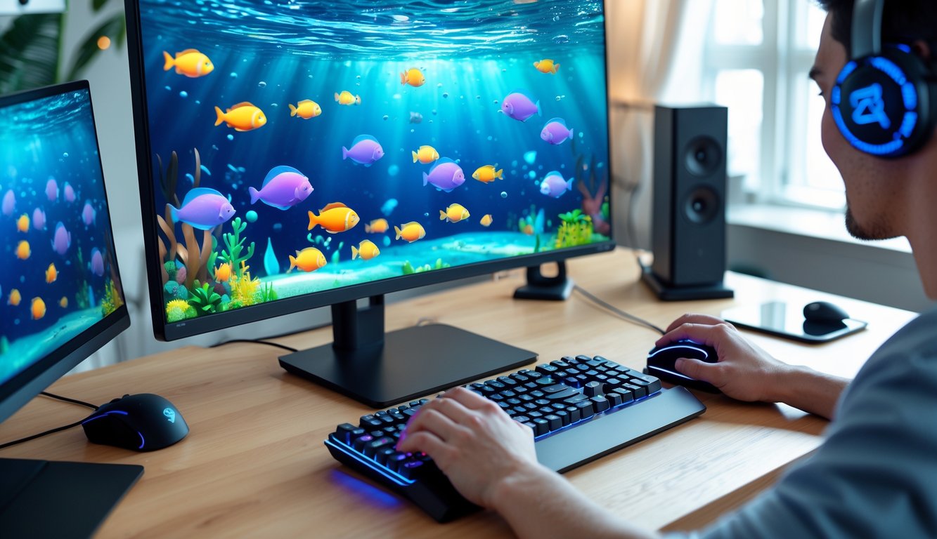 Seseorang bermain game tembak ikan online di depan komputer dengan layar menampilkan ikan-ikan warna-warni di bawah laut.