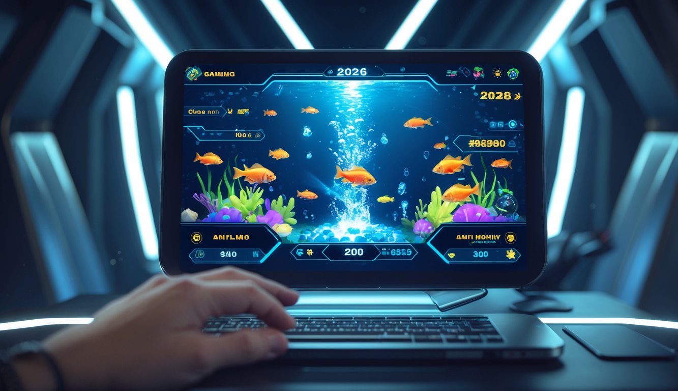 Seorang pengguna bermain permainan tembak ikan online di perangkat digital dengan tampilan grafis ikan berwarna-warni dan latar belakang bertema bawah laut.