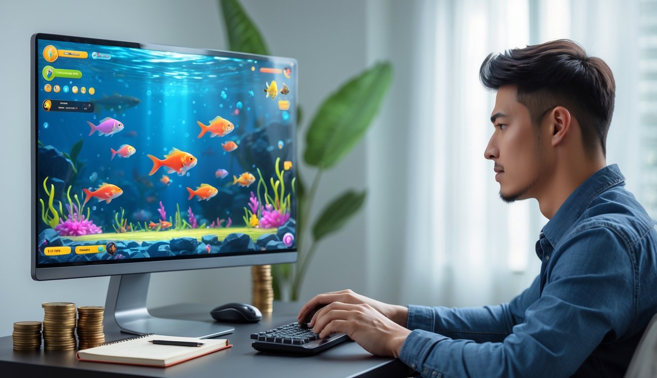 Seorang pria muda duduk di meja sambil bermain game tembak ikan online di komputer dengan latar belakang ruangan yang terang.