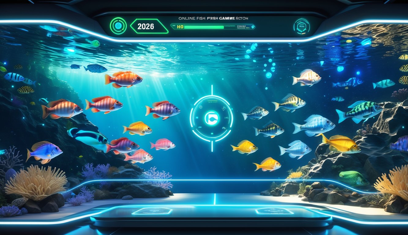 Tampilan permainan tembak ikan online dengan grafik bawah laut berwarna-warni dan antarmuka modern.