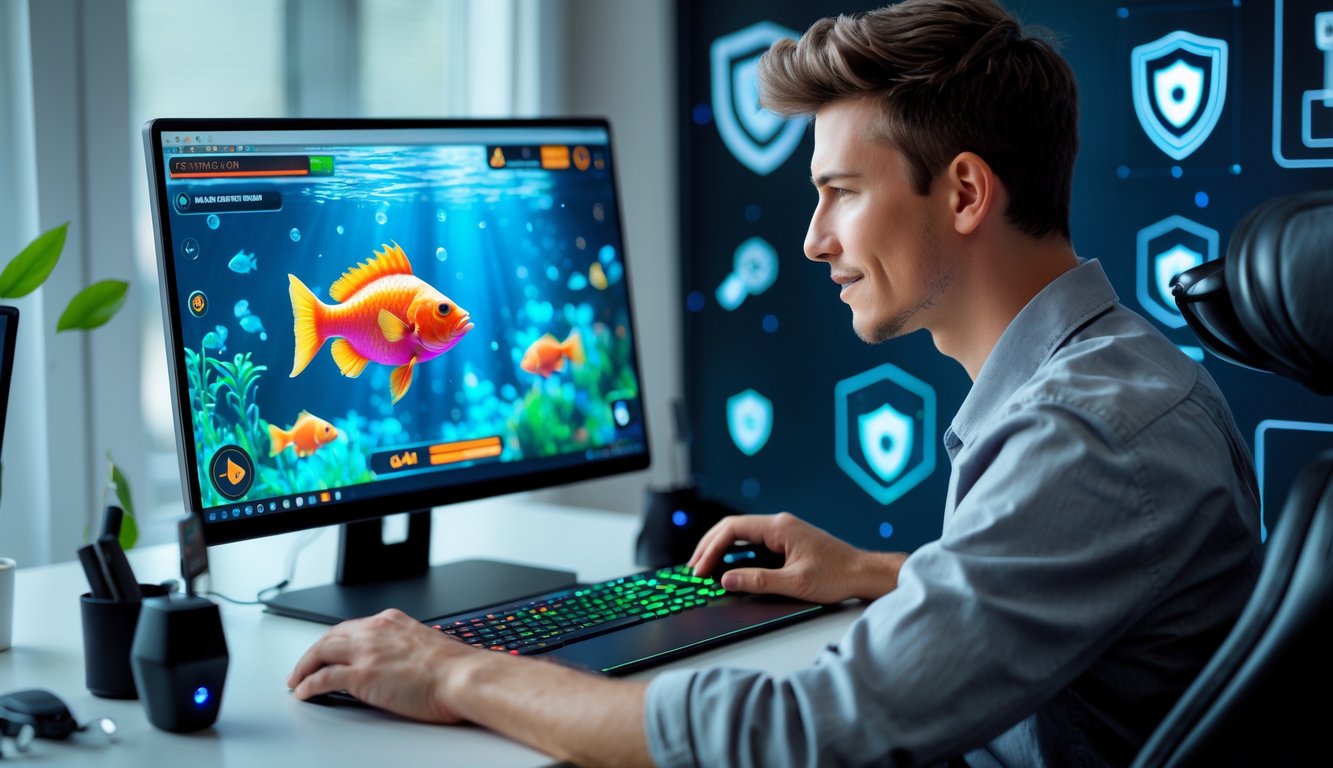 Seseorang menggunakan komputer dengan permainan tembak ikan di layar dalam ruangan yang rapi dan aman.