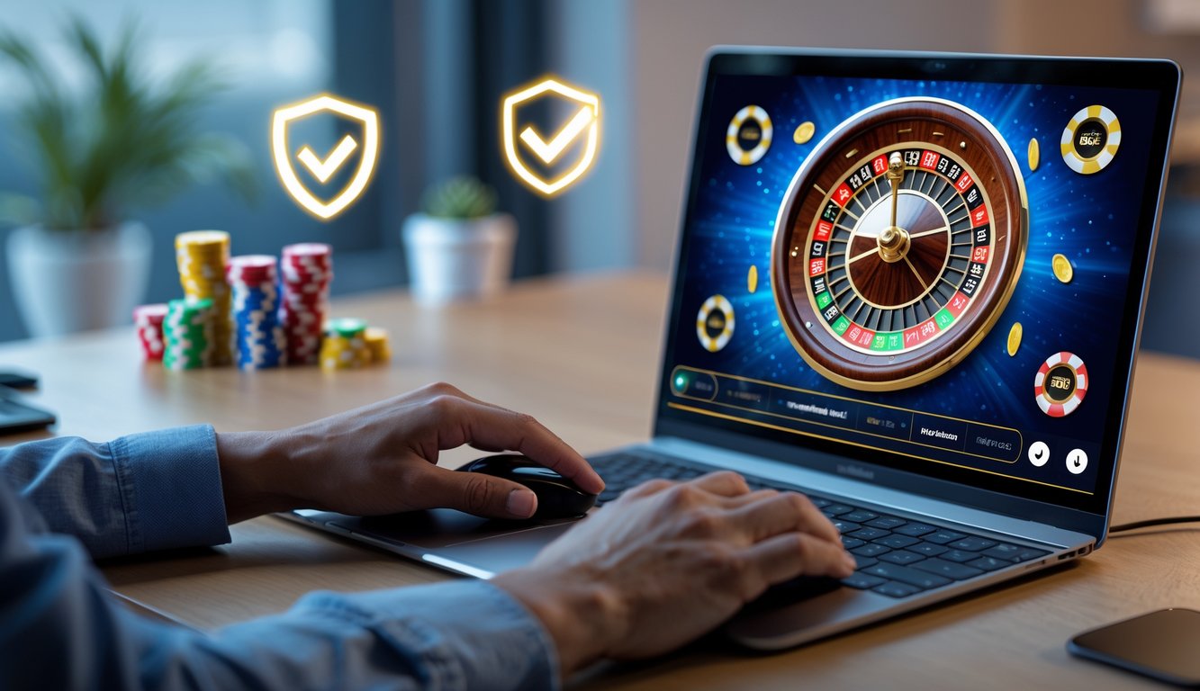 Seseorang menggunakan laptop dengan tampilan roda roulette digital yang berputar dan chip warna-warni di meja taruhan virtual.