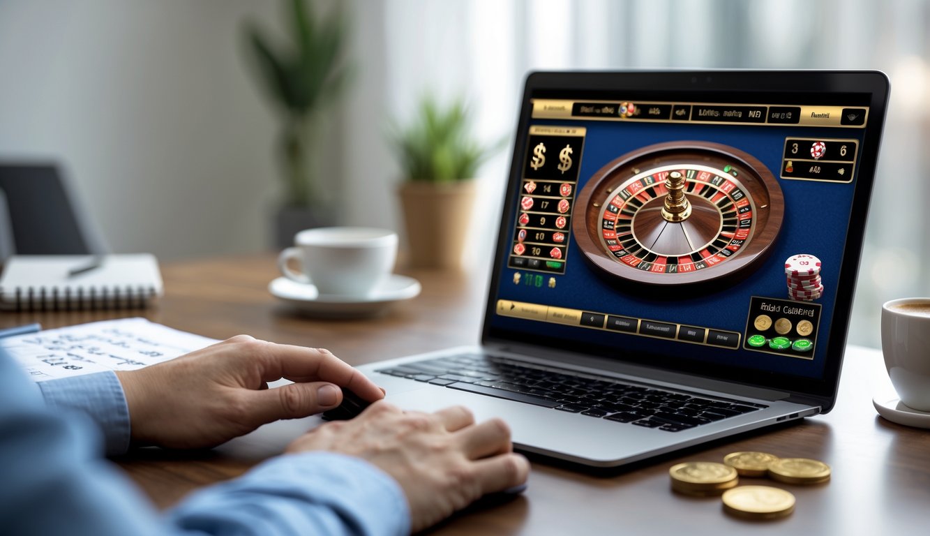 Seorang pria di meja kerja dengan laptop yang menampilkan permainan roulette online, tumpukan chip kecil dan koin di sampingnya, suasana fokus dan tenang.
