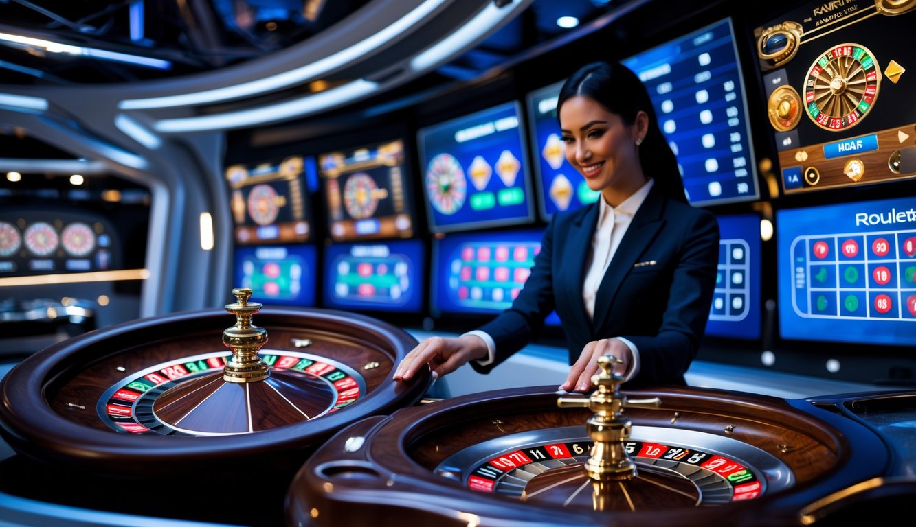 Seorang dealer wanita sedang memutar roda roulette di studio kasino modern dengan layar digital di latar belakang.