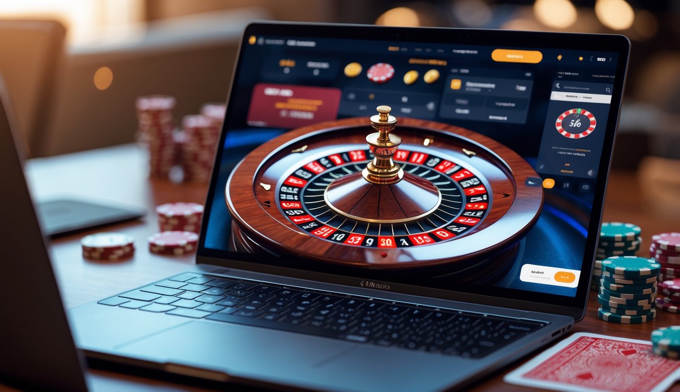 Meja dengan komputer menampilkan permainan roulette online yang sedang berputar, dikelilingi oleh chip poker dan kartu remi.