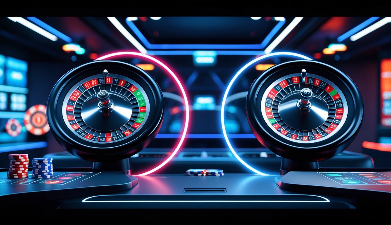 Dua roda roulette digital modern berdampingan menunjukkan perbedaan antara versi Eropa dan Amerika dalam permainan judi online tahun 2026.