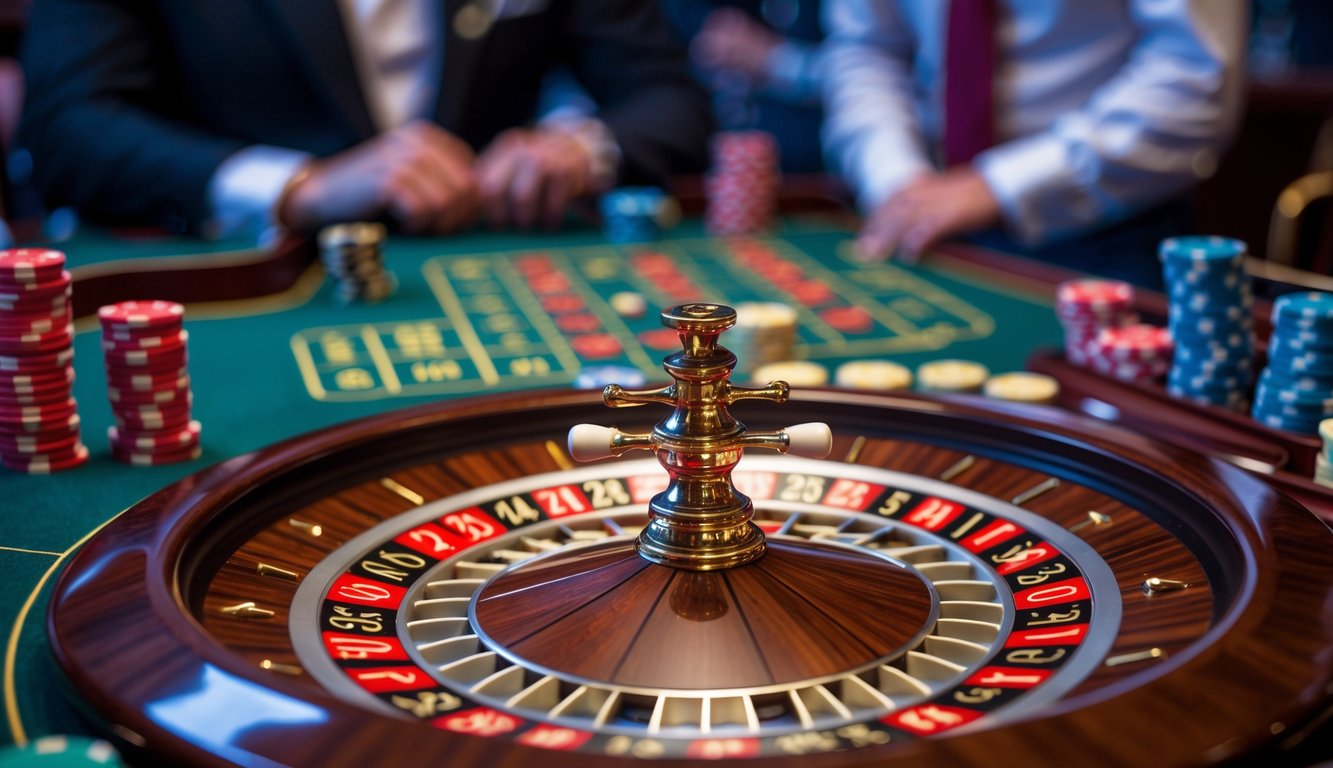 Meja roulette dengan roda berputar dan tumpukan chip taruhan di kasino yang elegan.