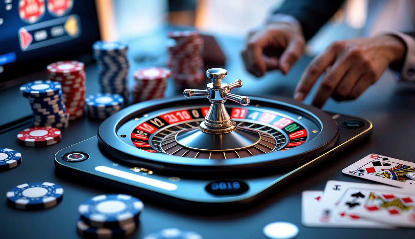 Sebuah layar komputer menampilkan roda roulette digital yang sedang berputar dengan chip poker dan kartu bermain di sekitarnya.