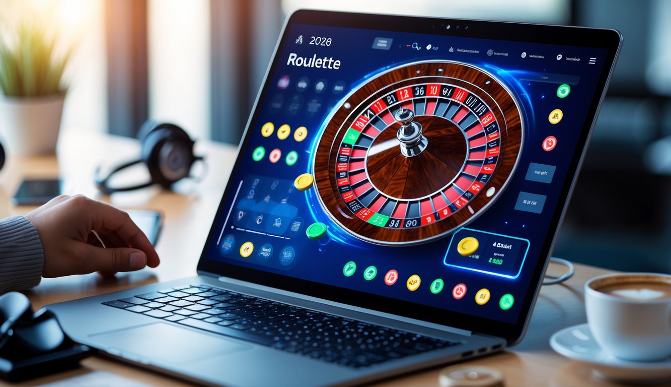 Seorang pengguna sedang bermain roulette online di laptop dengan tampilan roda roulette dan chip warna-warni di meja kerja yang rapi.