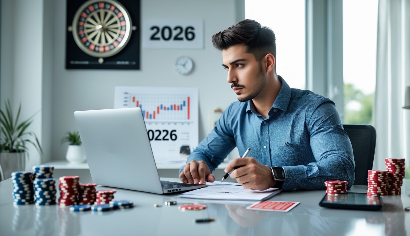 Seorang pria muda duduk di meja kerja modern dengan laptop dan alat tulis, dikelilingi oleh roda roulette dan chip judi, sedang fokus mengelola strategi keuangan.