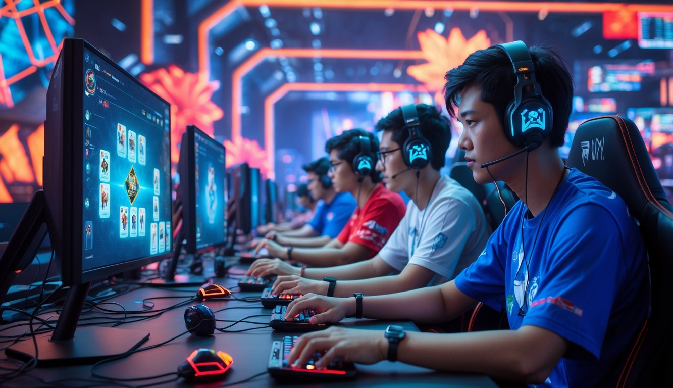 Sekelompok orang muda sedang bermain game kartu online secara kompetitif di sebuah arena game modern dengan suasana teknologi dan elemen budaya Asia Tenggara.